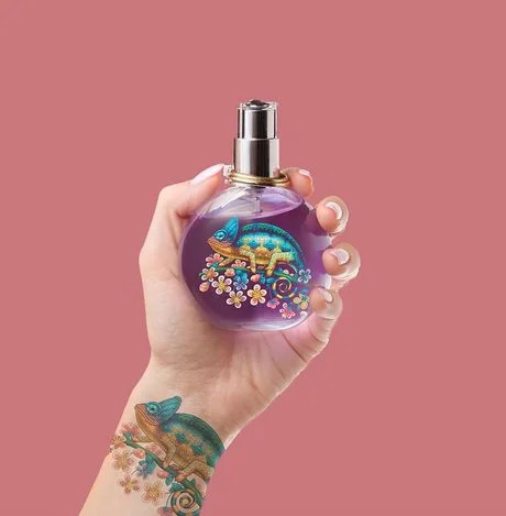 Hand holding a rounded perfume bottle with a chameleon walking on a stick blooming with flowers printed on top