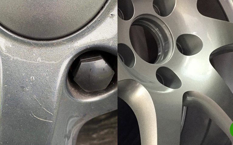 before and after surface defects on powder coated rims