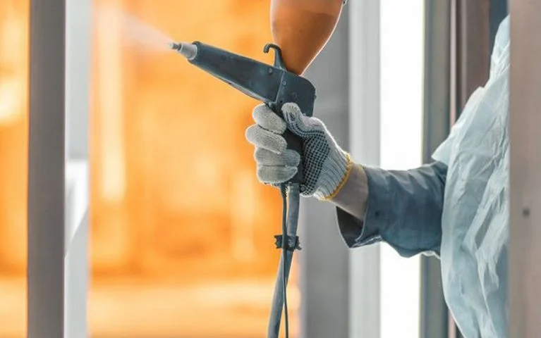 A man spraying powder coating on a hung metal substrate