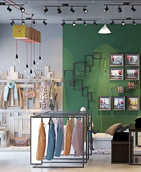 retail store selling clothing equipped with metal furniture such as lighting rails on the ceiling, clothing and wall racks all painted black