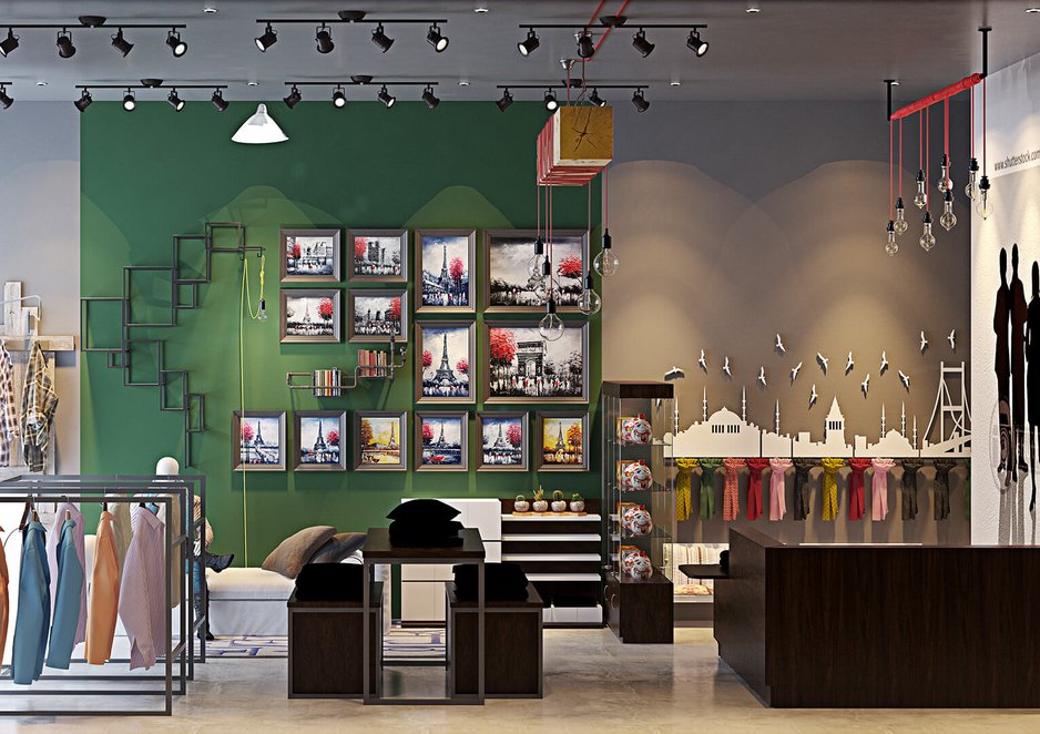 retail store selling clothing equipped with metal furniture such as lighting rails on the ceiling, clothing and wall racks all painted black