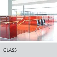 Red powder coating glass partition in staircase railing