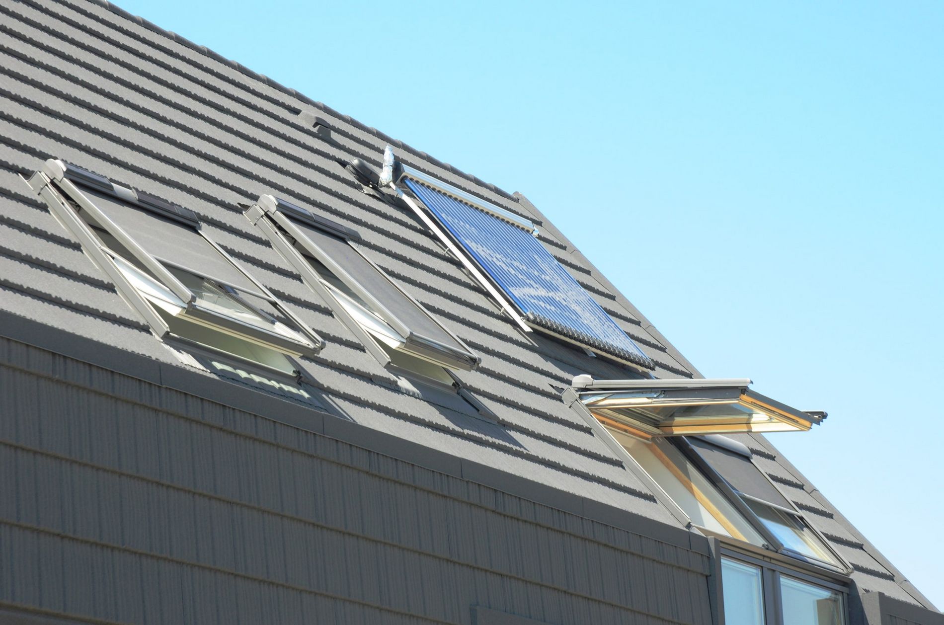 Powder coated windows on a roof